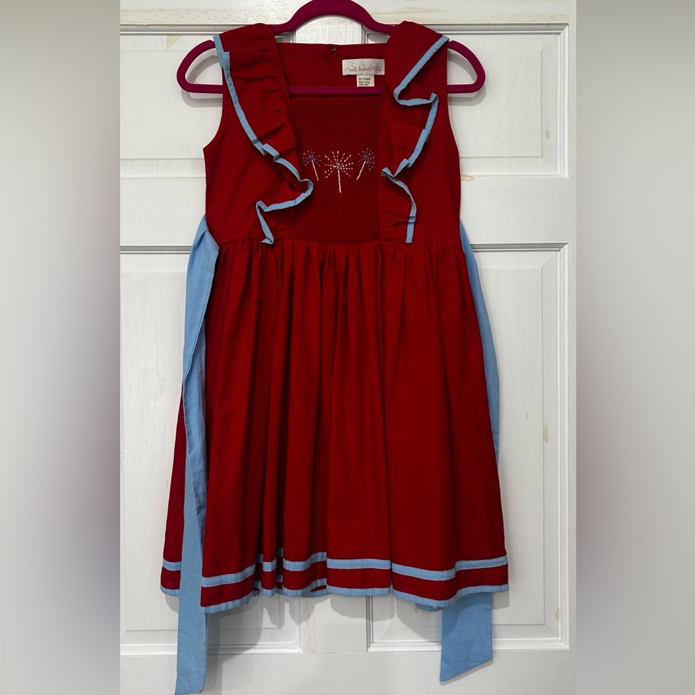 Well Dressed Wolf Red Dress with Light Blue Trim and Ruffle Accents